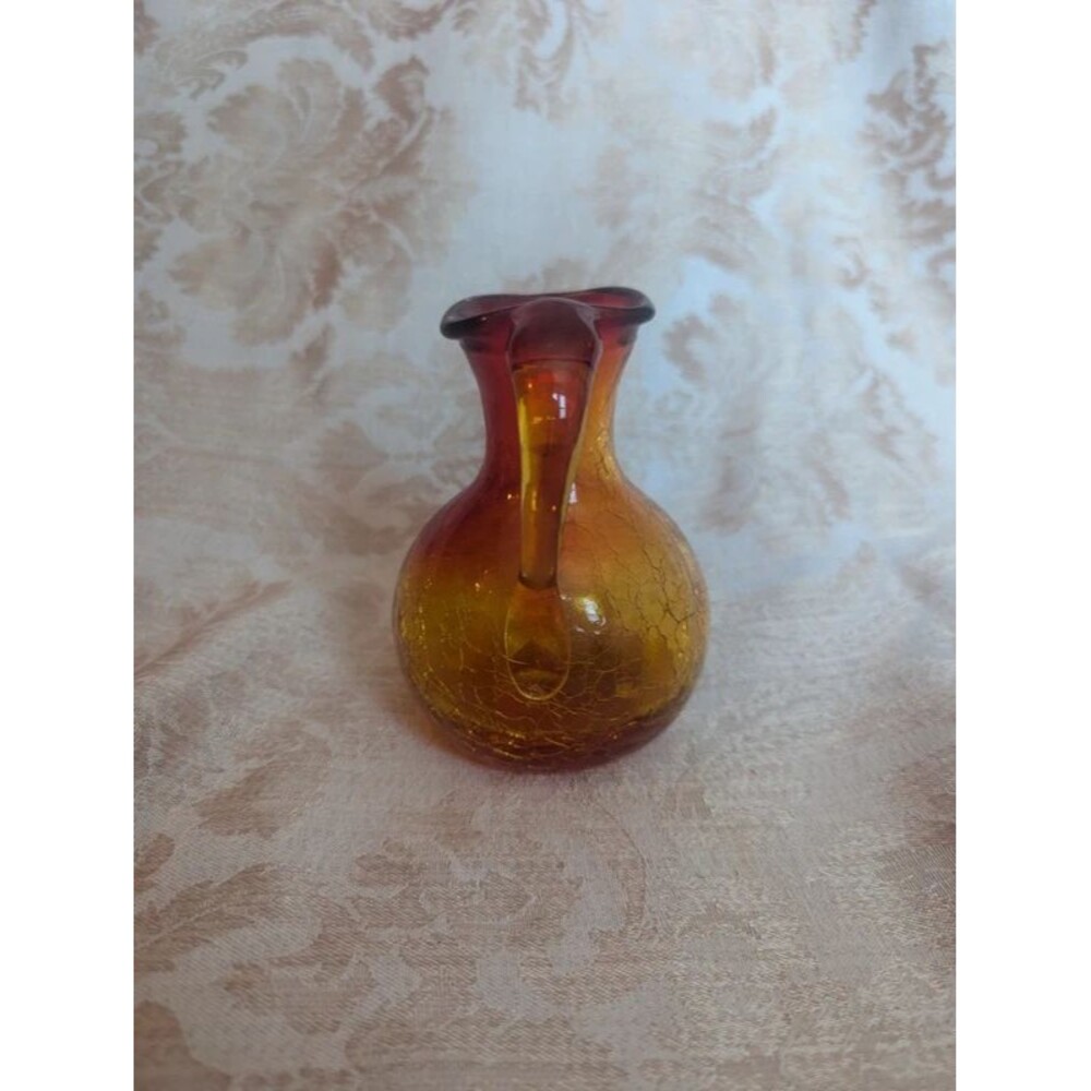 Vintage MCM Crackle Glass 4 1/2" tall Pitcher Ruby Red And Amberina Art Deco - Picture 2 of 5